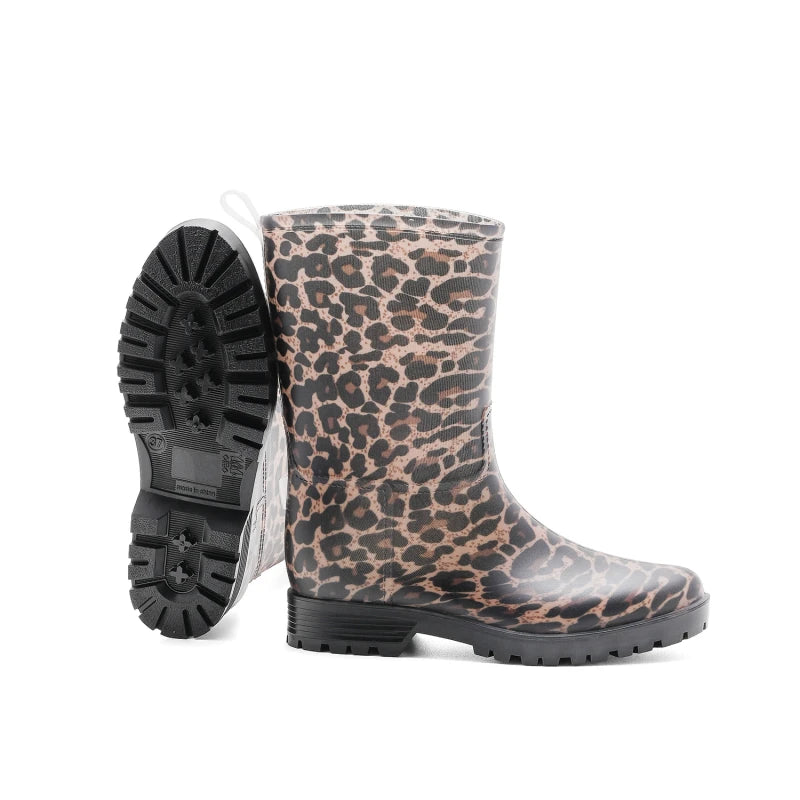 Botas de chuva femininas com estampa de leopardo, cano médio, antiderrapantes, pvc, peça única, sapatos de borracha à prova d'água para pesca, jardinagem e trabalho agrícola