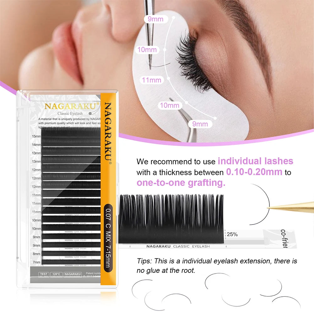 NAGARAKU estojo de cílios postiços com 16 linhas, 7-15mm, mix premium, natural, de vison, sintético, extensão de cílios, individual, maquiagem