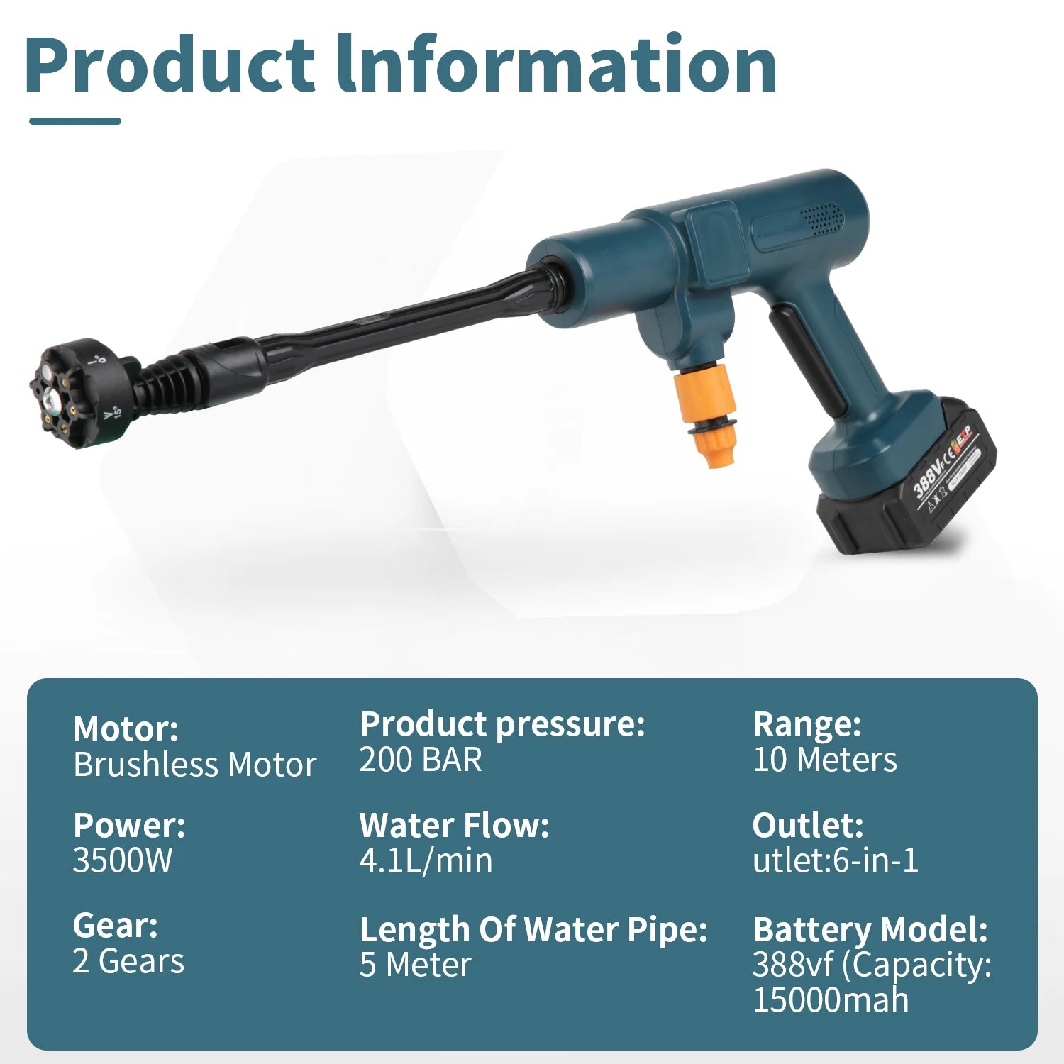 Pistola de lavagem de carro de alta pressão sem fio, 3500w, 200bar, portátil, suprimentos, gerador de espuma, pistola de água, limpador de spray