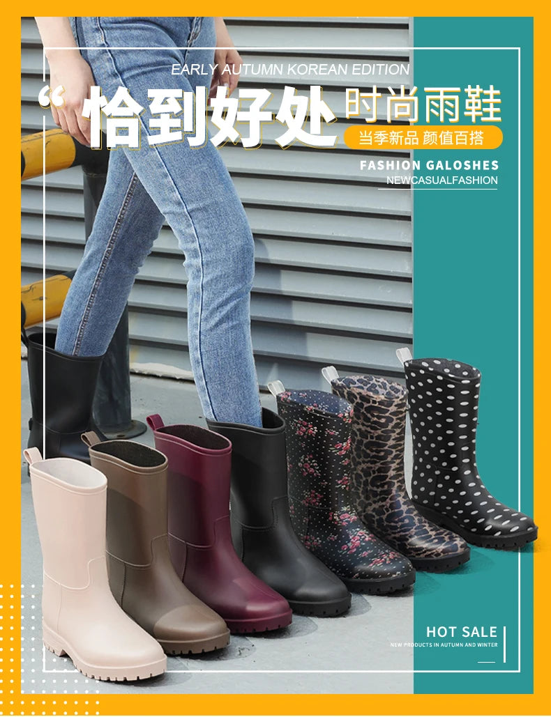 Botas de chuva femininas com estampa de leopardo, cano médio, antiderrapantes, pvc, peça única, sapatos de borracha à prova d'água para pesca, jardinagem e trabalho agrícola