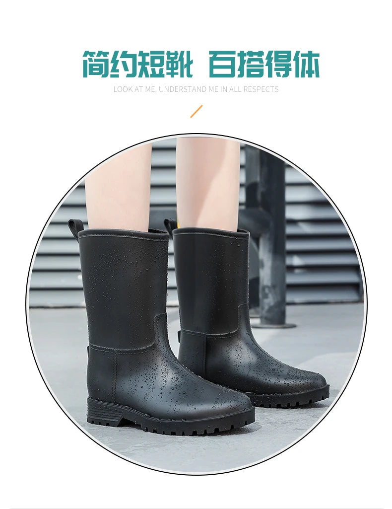 Botas de chuva femininas com estampa de leopardo, cano médio, antiderrapantes, pvc, peça única, sapatos de borracha à prova d'água para pesca, jardinagem e trabalho agrícola