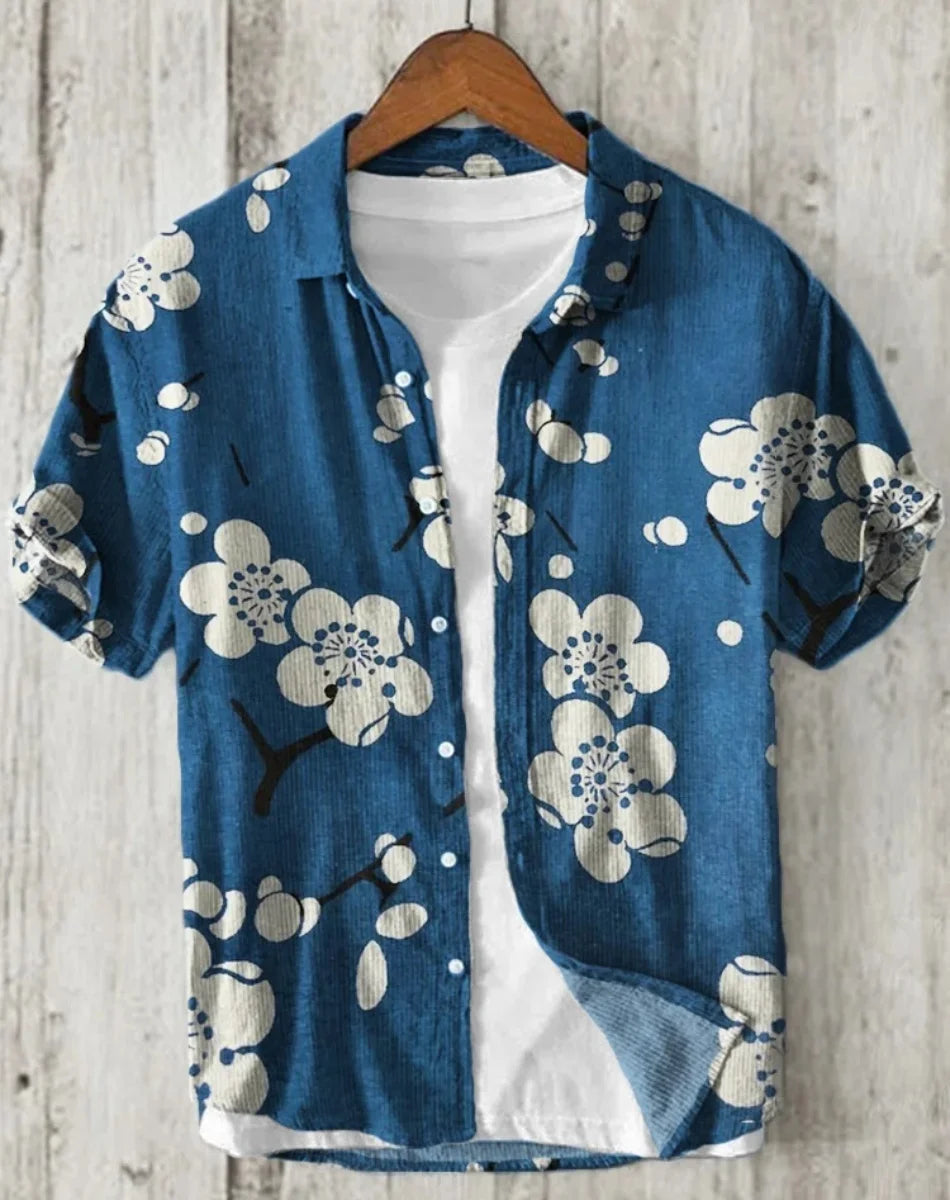 Linho masculino casual versátil moda rua masculina 3d impresso camisa lapela single-breasted manga curta moda masculina manga curta
