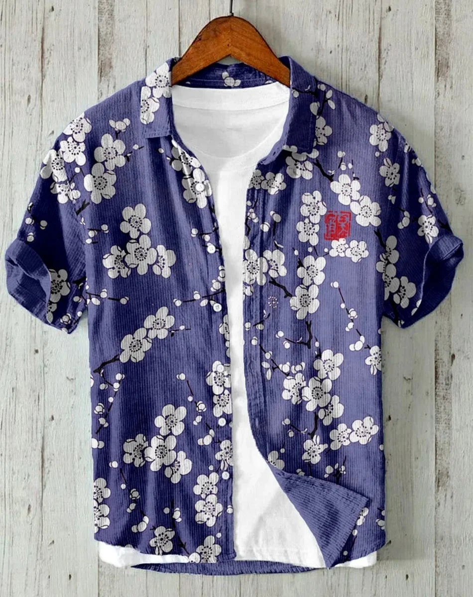 Linho masculino casual versátil moda rua masculina 3d impresso camisa lapela single-breasted manga curta moda masculina manga curta