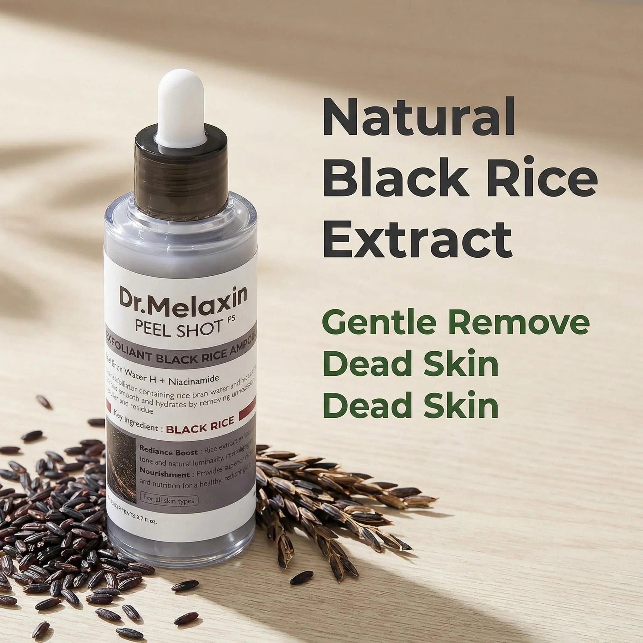 Ampola Esfoliante de Arroz Preto 80ml, Extrato de Água de Arroz, AHA BHA, Niacinamida, Para Todos os Tipos de Pele