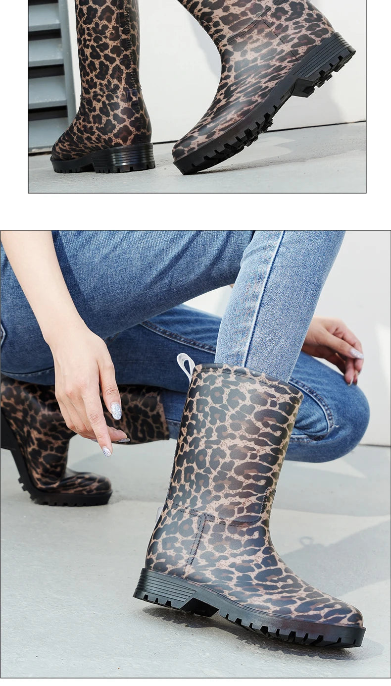 Botas de chuva femininas com estampa de leopardo, cano médio, antiderrapantes, pvc, peça única, sapatos de borracha à prova d'água para pesca, jardinagem e trabalho agrícola
