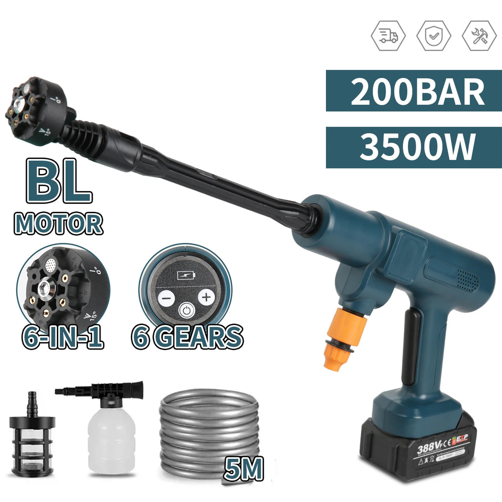 Pistola de lavagem de carro de alta pressão sem fio, 3500w, 200bar, portátil, suprimentos, gerador de espuma, pistola de água, limpador de spray