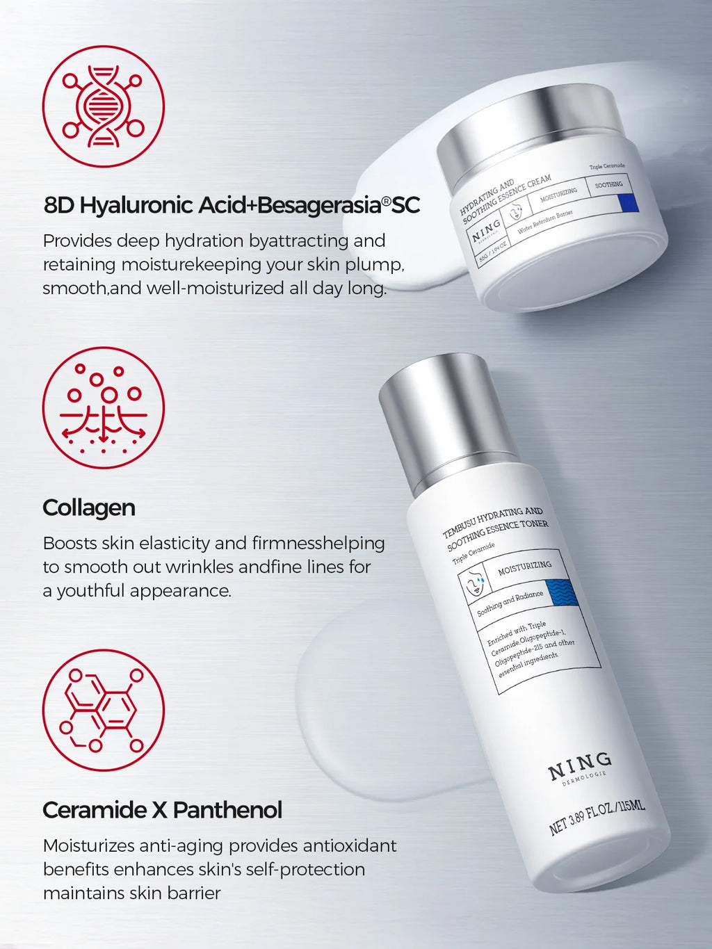 Conjunto de cuidados com a pele Tembusu Essence – Routina de 8 etapas com limpador de amino, máscara de argila, toner, soro de ácido salicílico, creme e tratamento para os olhos