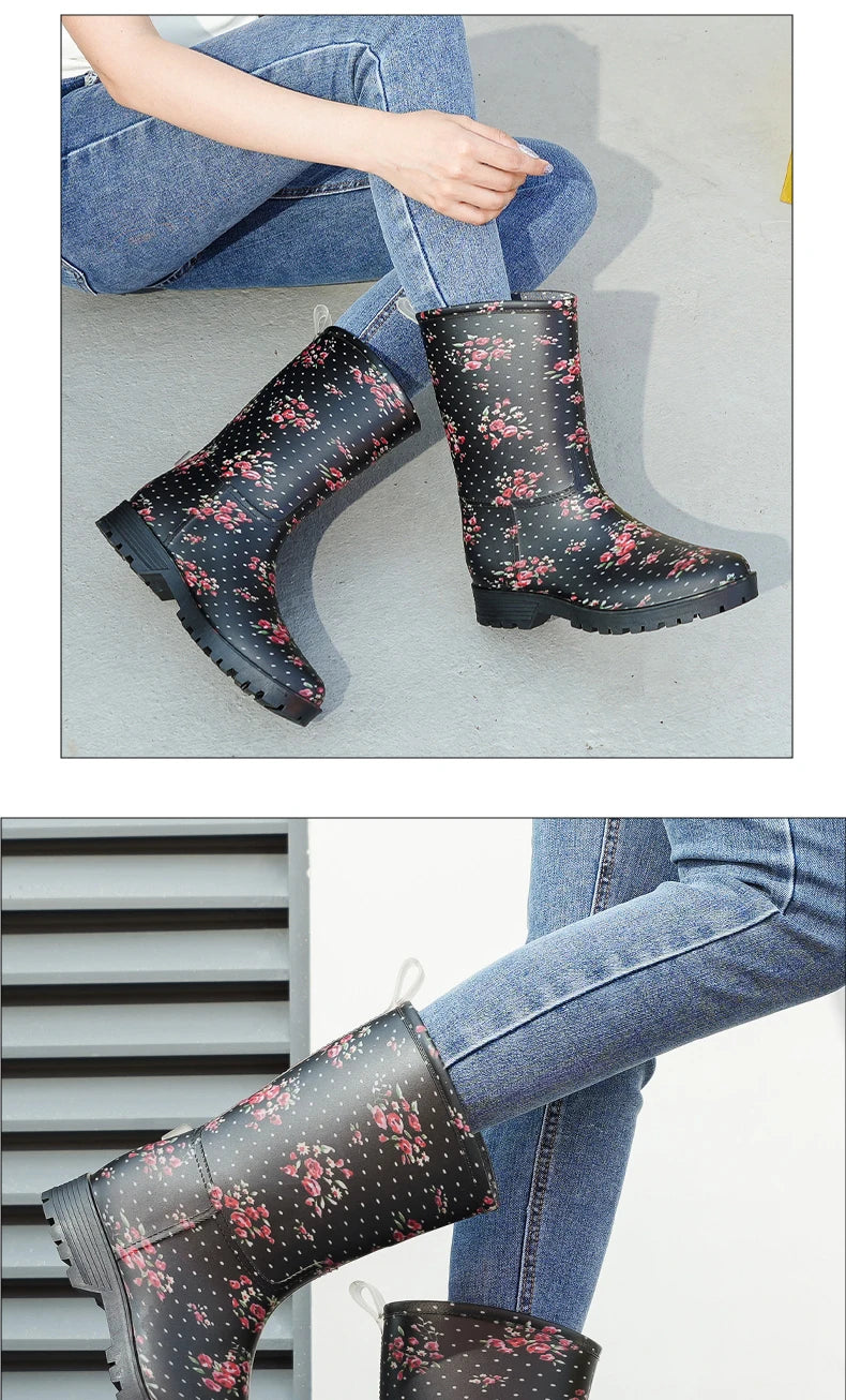Botas de chuva femininas com estampa de leopardo, cano médio, antiderrapantes, pvc, peça única, sapatos de borracha à prova d'água para pesca, jardinagem e trabalho agrícola