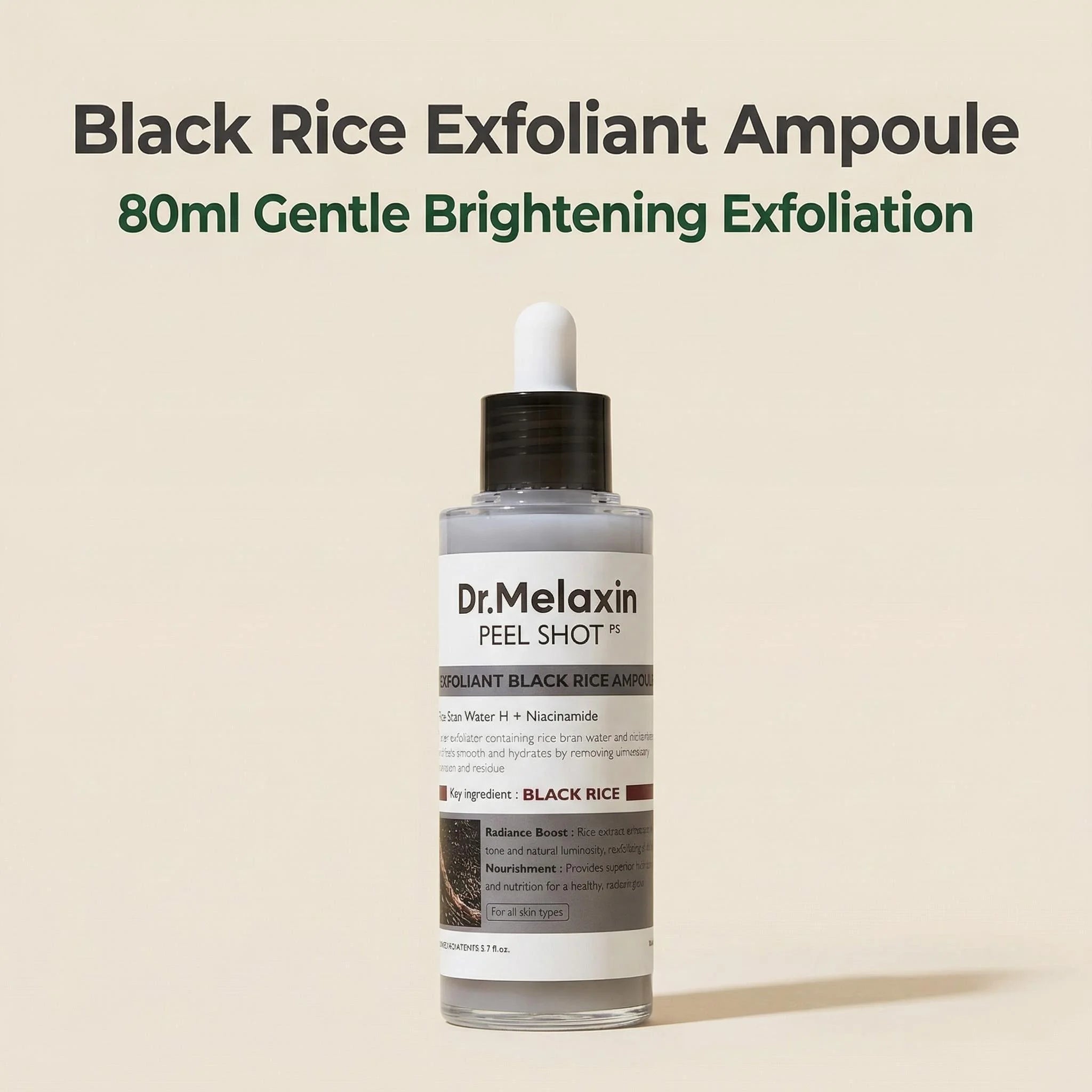 Ampola Esfoliante de Arroz Preto 80ml, Extrato de Água de Arroz, AHA BHA, Niacinamida, Para Todos os Tipos de Pele