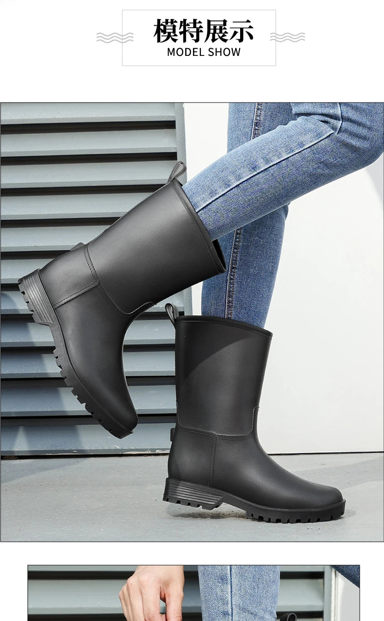 Botas de chuva femininas com estampa de leopardo, cano médio, antiderrapantes, pvc, peça única, sapatos de borracha à prova d'água para pesca, jardinagem e trabalho agrícola