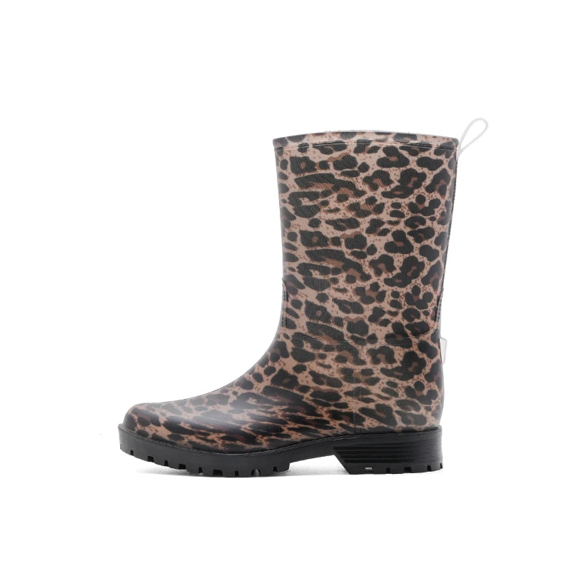 Botas de chuva femininas com estampa de leopardo, cano médio, antiderrapantes, pvc, peça única, sapatos de borracha à prova d'água para pesca, jardinagem e trabalho agrícola
