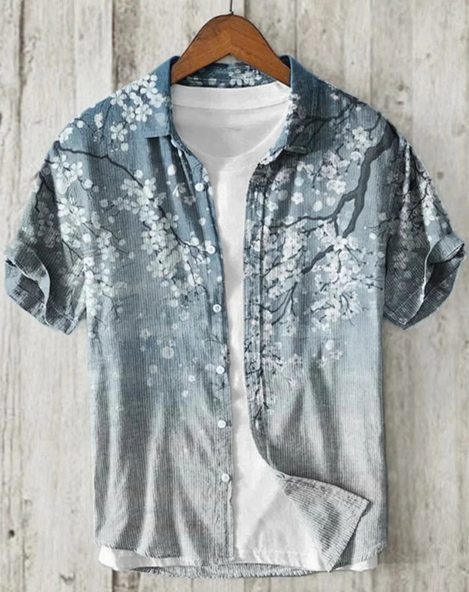 Linho masculino casual versátil moda rua masculina 3d impresso camisa lapela single-breasted manga curta moda masculina manga curta