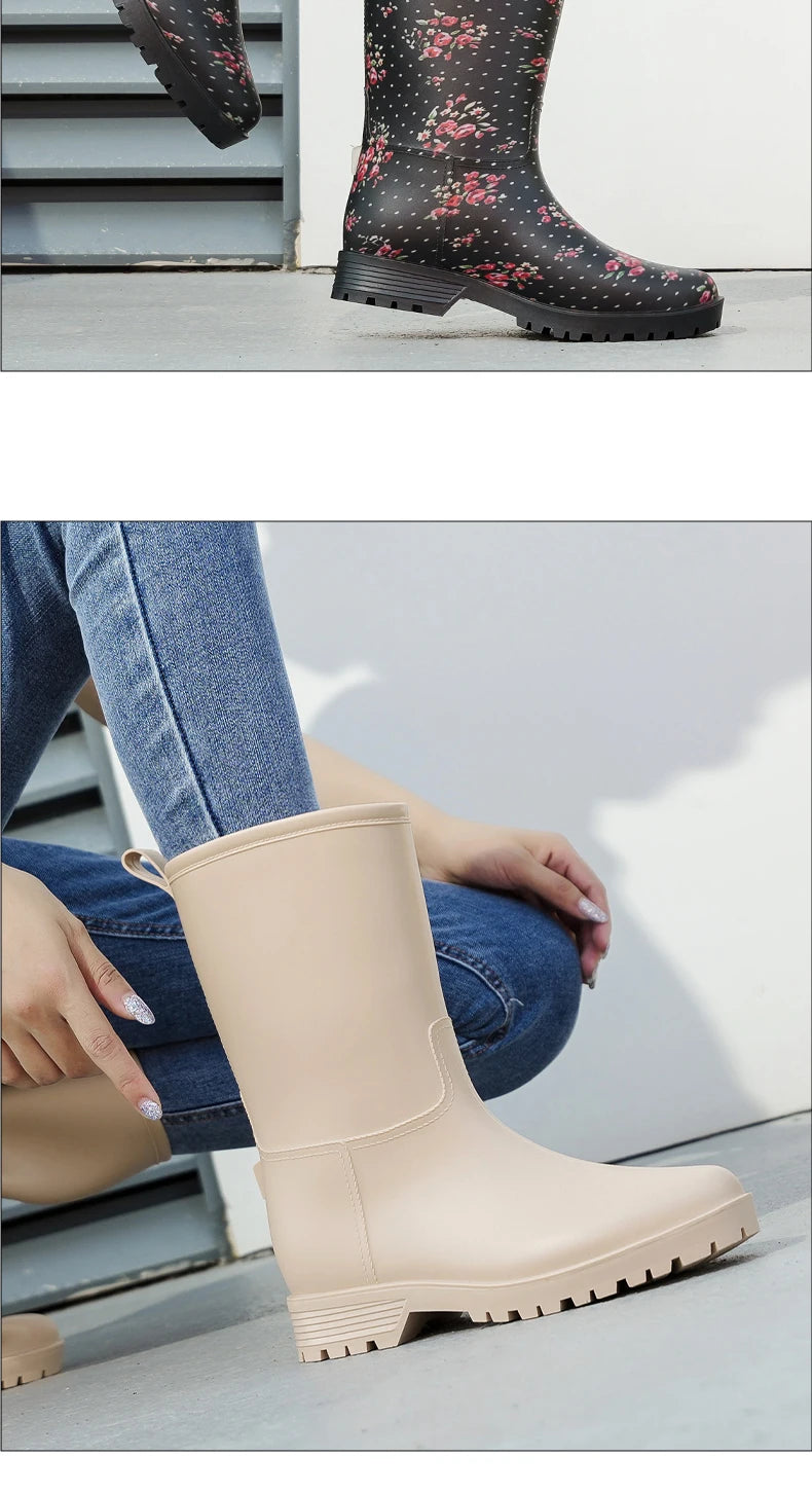 Botas de chuva femininas com estampa de leopardo, cano médio, antiderrapantes, pvc, peça única, sapatos de borracha à prova d'água para pesca, jardinagem e trabalho agrícola