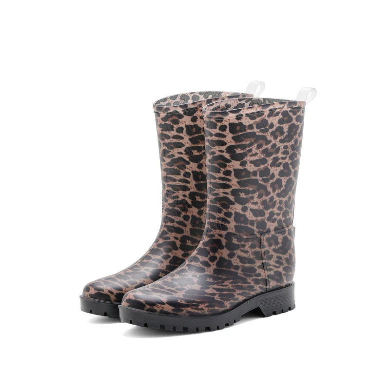 Botas de chuva femininas com estampa de leopardo, cano médio, antiderrapantes, pvc, peça única, sapatos de borracha à prova d'água para pesca, jardinagem e trabalho agrícola