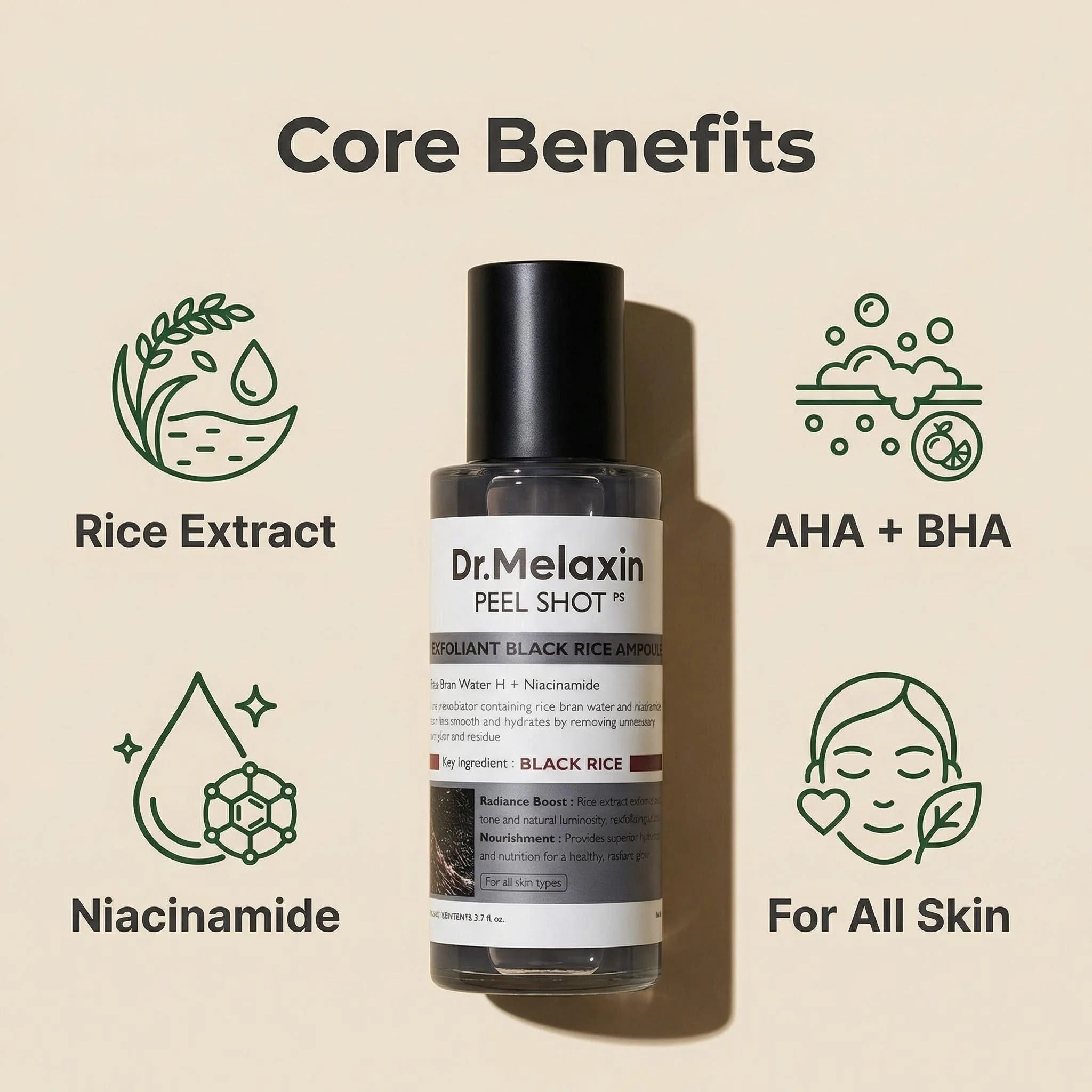 Ampola Esfoliante de Arroz Preto 80ml, Extrato de Água de Arroz, AHA BHA, Niacinamida, Para Todos os Tipos de Pele