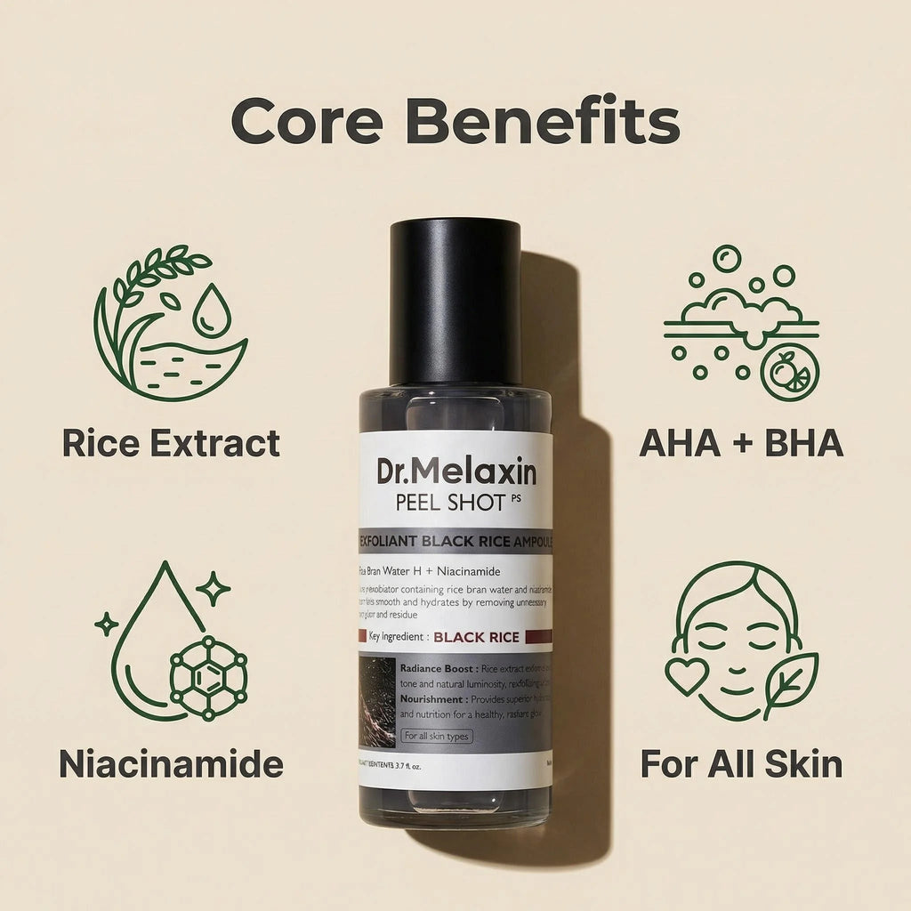 Ampola Esfoliante de Arroz Preto 80ml, Extrato de Água de Arroz, AHA BHA, Niacinamida, Para Todos os Tipos de Pele
