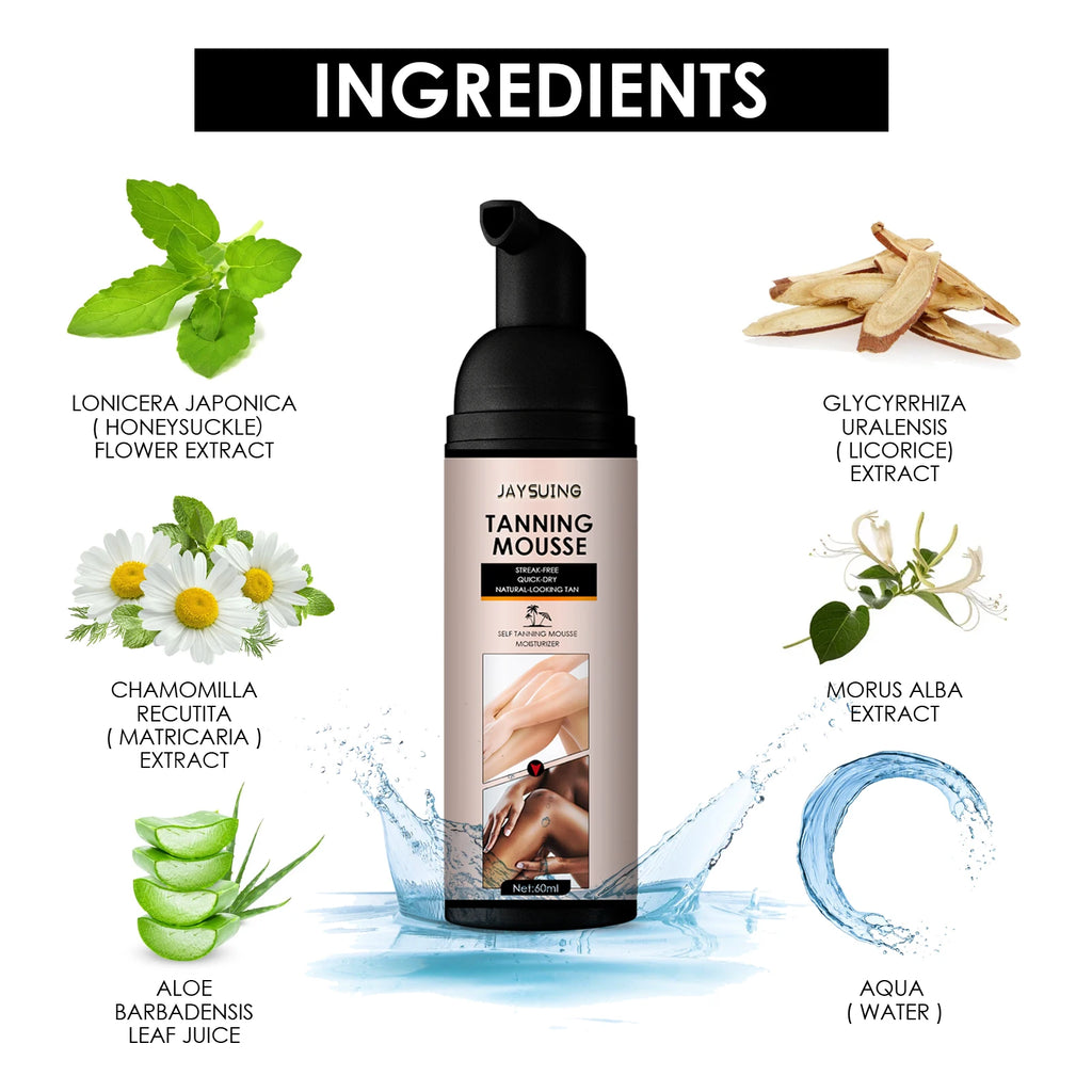 60ml jaysuing auto bronzeamento mousse verão bronze tan hidratante fácil aplicação brilho natural macio hidratado cuidados com o corpo da pele