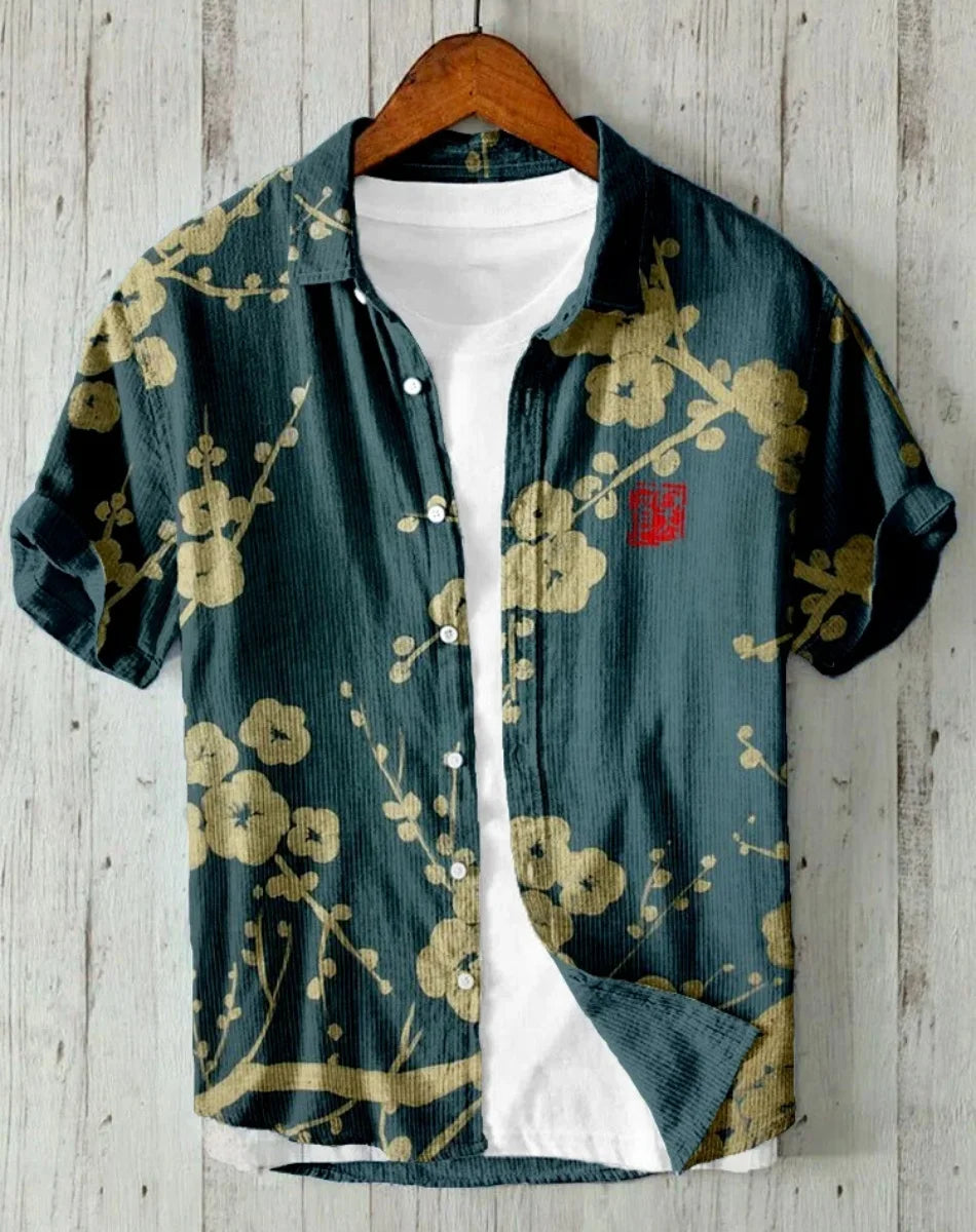 Linho masculino casual versátil moda rua masculina 3d impresso camisa lapela single-breasted manga curta moda masculina manga curta