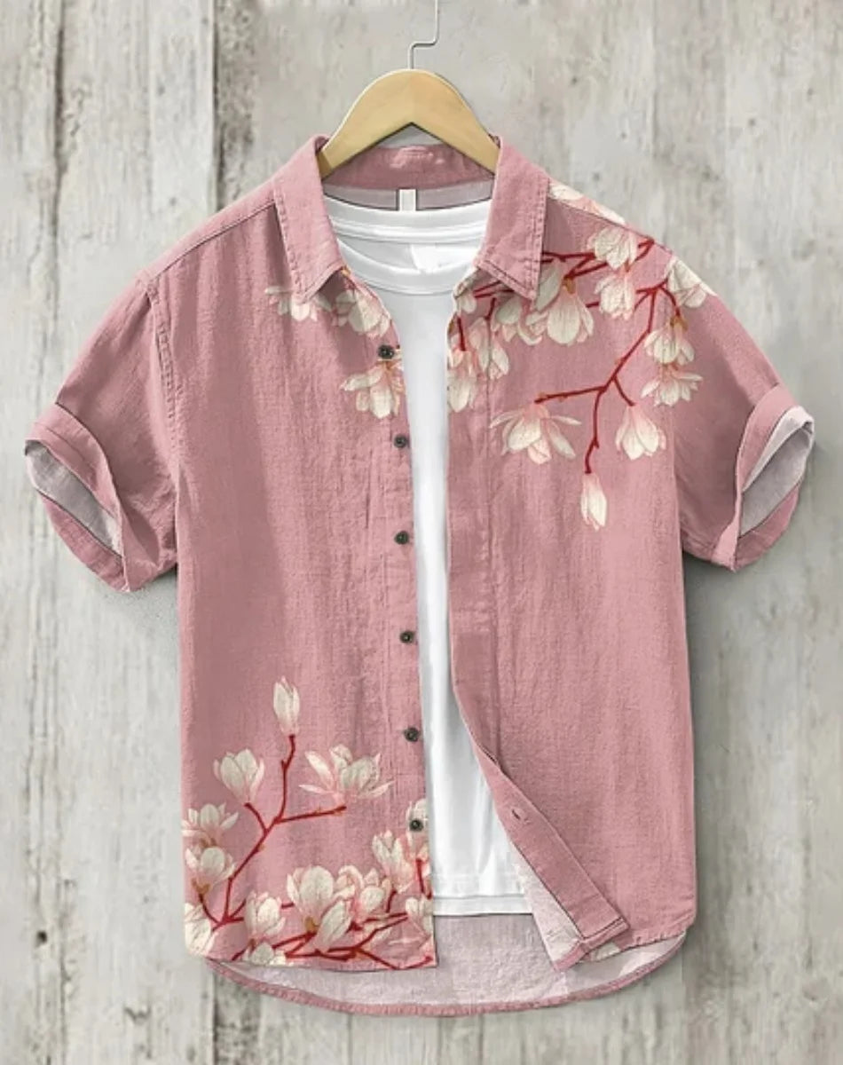 Linho masculino casual versátil moda rua masculina 3d impresso camisa lapela single-breasted manga curta moda masculina manga curta
