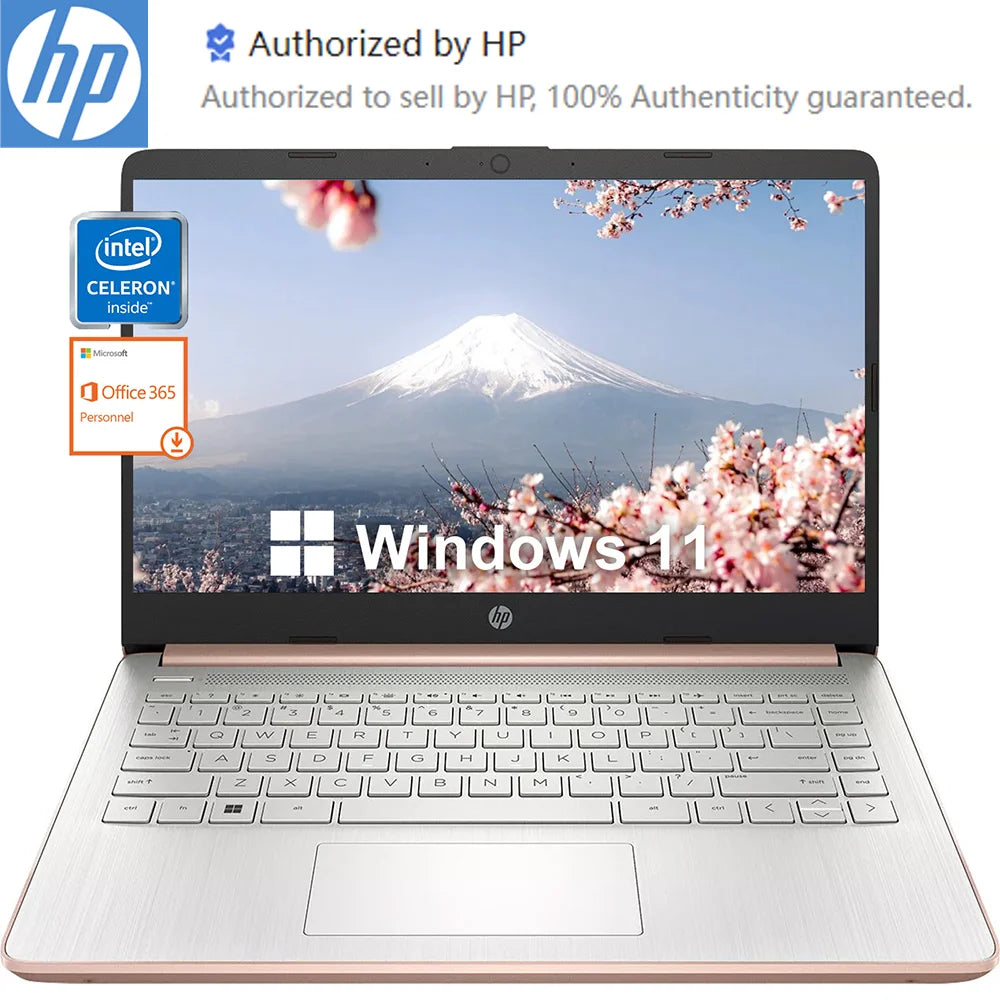 HP-14 "Business Laptop,Intel Celeron N4120,16GB de RAM,384GB de Armazenamento, 128GB eMMC + 256GB Micro SD, 1 Ano Office 365, Ouro Rosa, Mais Novo