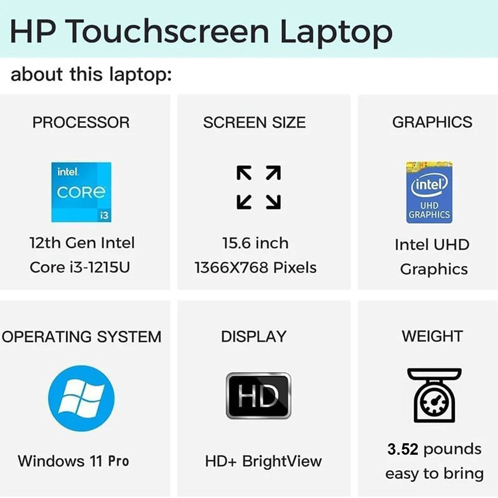 HP-Laptop Touchscreen Business, 15,6 ", Intel Core i3-1215U, até 64GB de RAM,2TB SSD,Intel UHD Graphics,Win 11 Pro, mais recente, 2022