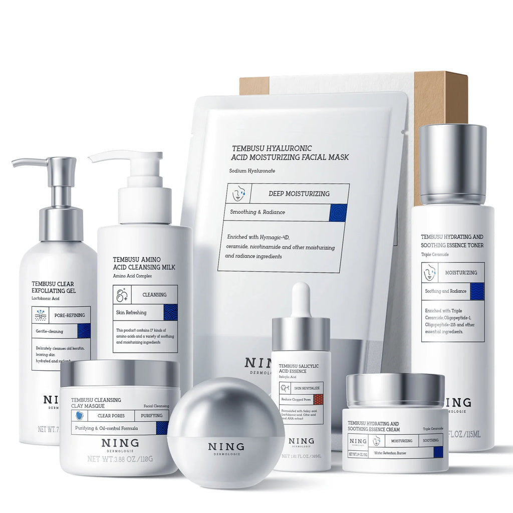 Conjunto de cuidados com a pele Tembusu Essence – Routina de 8 etapas com limpador de amino, máscara de argila, toner, soro de ácido salicílico, creme e tratamento para os olhos