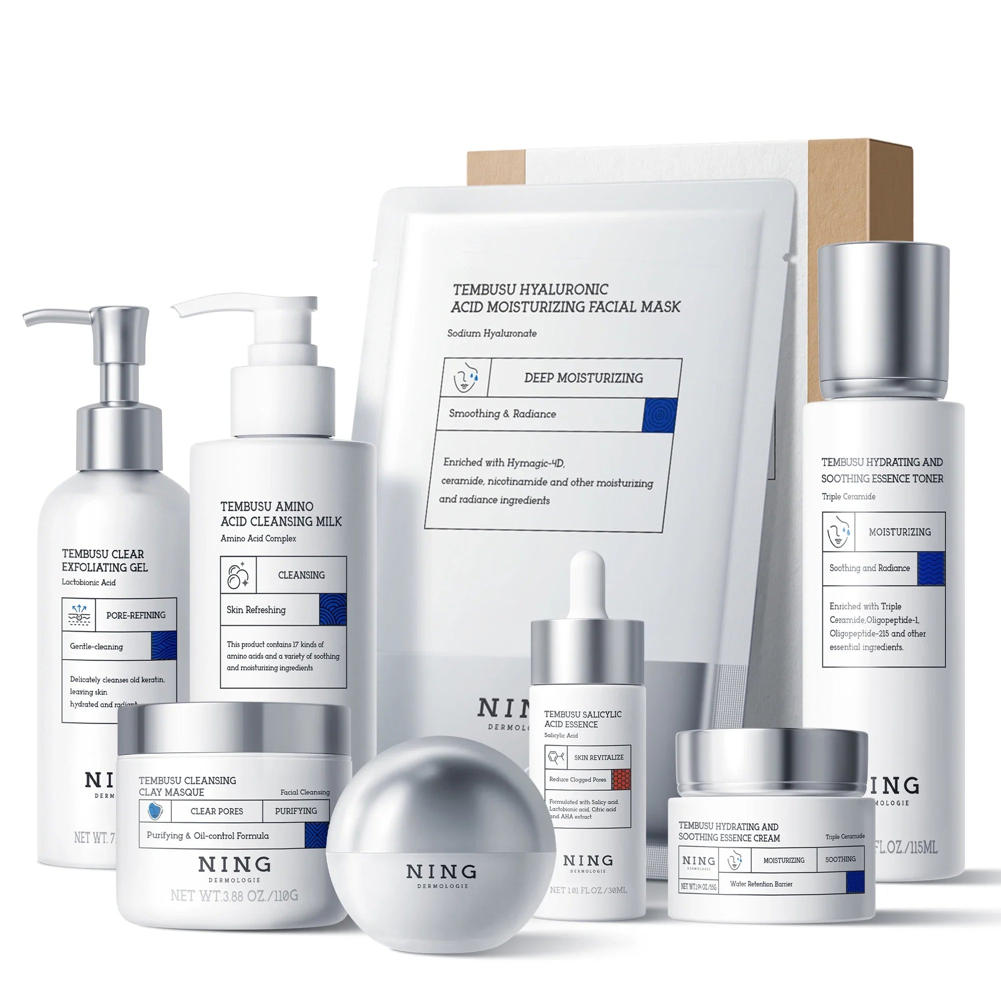 Conjunto de cuidados com a pele Tembusu Essence – Routina de 8 etapas com limpador de amino, máscara de argila, toner, soro de ácido salicílico, creme e tratamento para os olhos