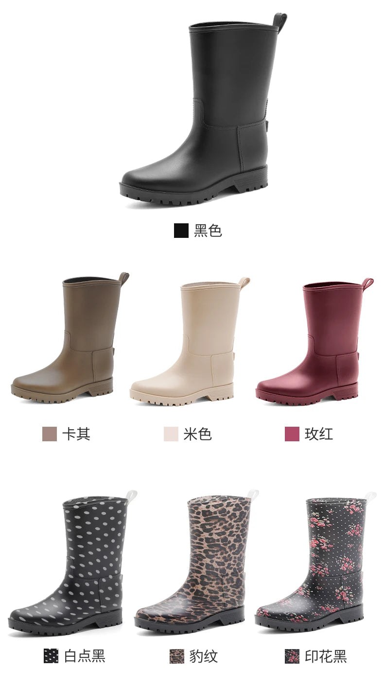 Botas de chuva femininas com estampa de leopardo, cano médio, antiderrapantes, pvc, peça única, sapatos de borracha à prova d'água para pesca, jardinagem e trabalho agrícola