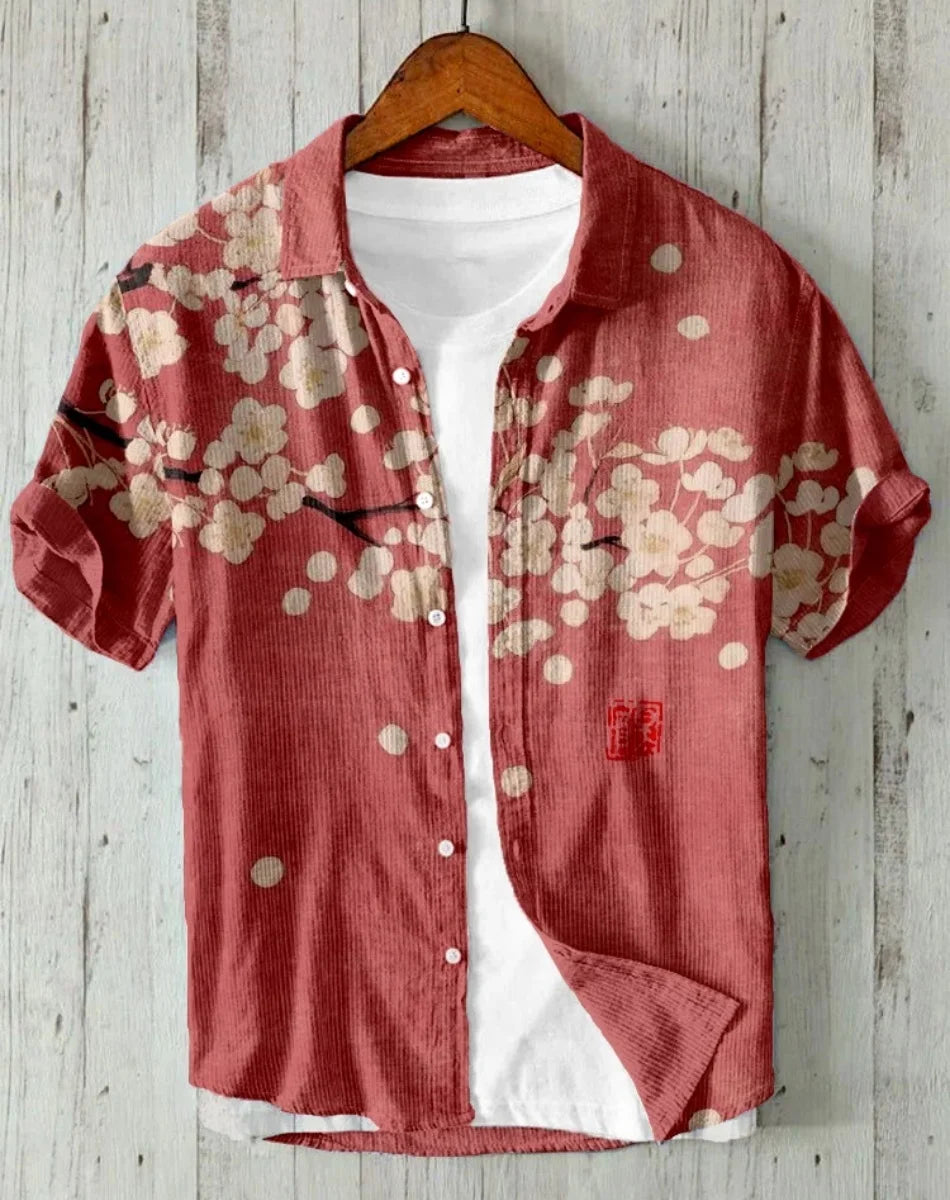 Linho masculino casual versátil moda rua masculina 3d impresso camisa lapela single-breasted manga curta moda masculina manga curta