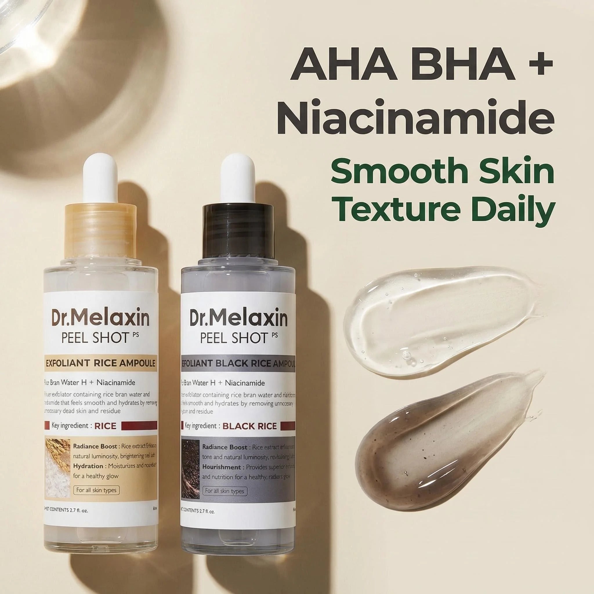 Ampola Esfoliante de Arroz Preto 80ml, Extrato de Água de Arroz, AHA BHA, Niacinamida, Para Todos os Tipos de Pele