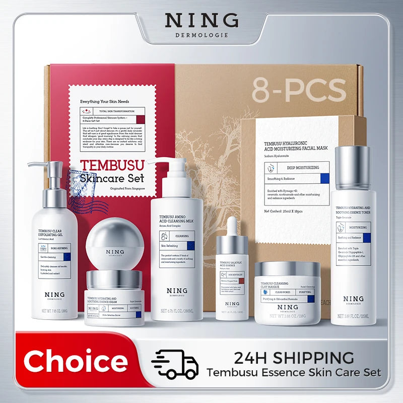 Conjunto de cuidados com a pele Tembusu Essence – Routina de 8 etapas com limpador de amino, máscara de argila, toner, soro de ácido salicílico, creme e tratamento para os olhos