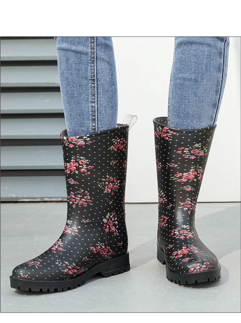 Botas de chuva femininas com estampa de leopardo, cano médio, antiderrapantes, pvc, peça única, sapatos de borracha à prova d'água para pesca, jardinagem e trabalho agrícola