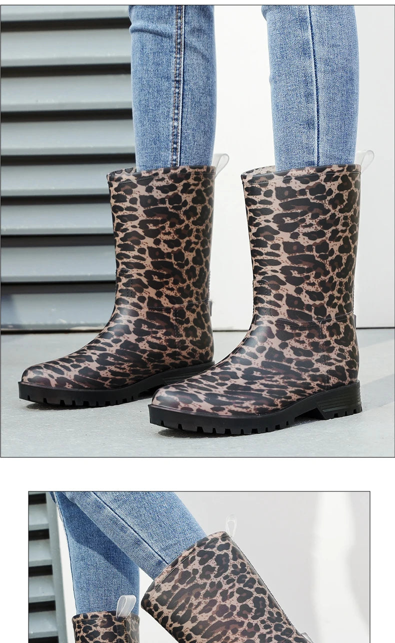 Botas de chuva femininas com estampa de leopardo, cano médio, antiderrapantes, pvc, peça única, sapatos de borracha à prova d'água para pesca, jardinagem e trabalho agrícola