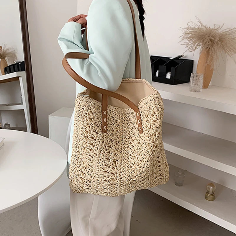 Bolsa de praia de palha oca quadrada artesanal tecido bolsa de ombro ráfia rattan compras saco de viagem boêmio férias de verão casual tote