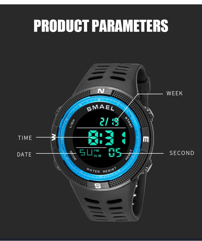 Relógios desportivos à prova dwaterproof água led digital relógio de volta luz alarme semana display cronômetro relógios de pulso 1915 relógio digital para homem