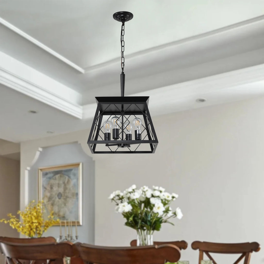 Black 4 Lights Farmhouse Vintage Chandelier,Rustic Pendant Light,Industrial Hanging Light Fixture for Dining Room Kitchen Island