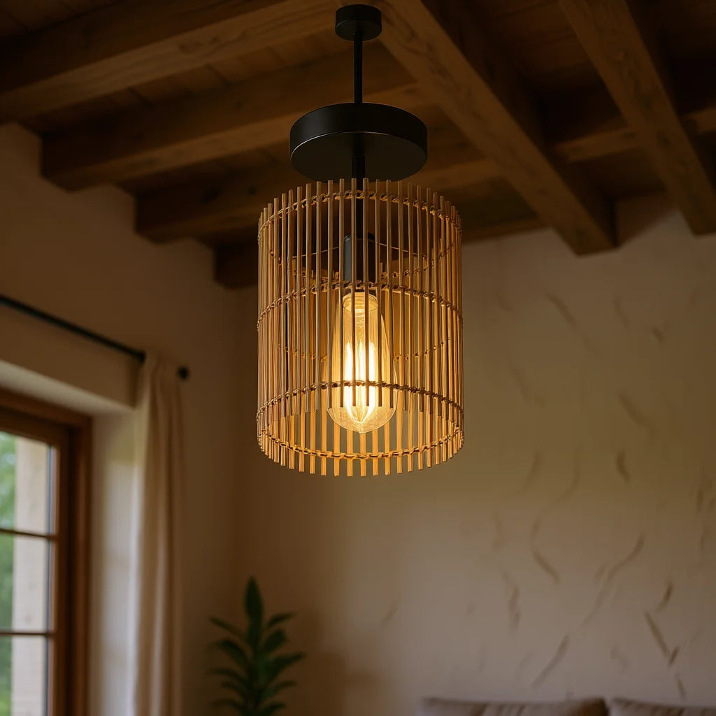 SGLfarmty Boho Semi Flush Mount Ceiling Light Metal Bamboo Shade IP44 Warm White LED 7.87x7.08x10.62 Inches