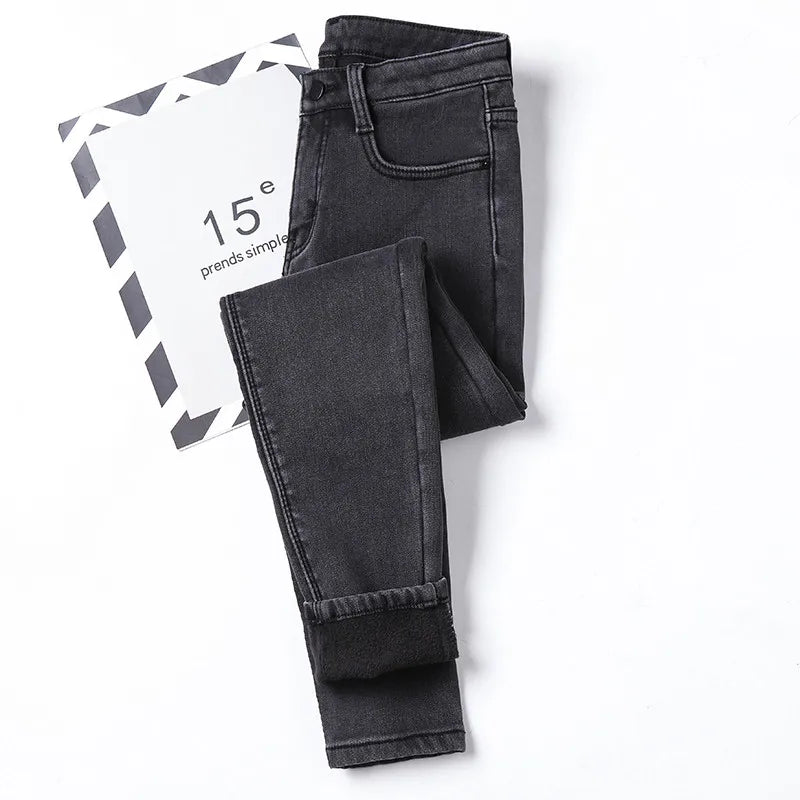 Inverno grosso feminino quente jeans magros simples estiramento veludo velo feminino cintura alta denim lápis calças roupas 36 38 40