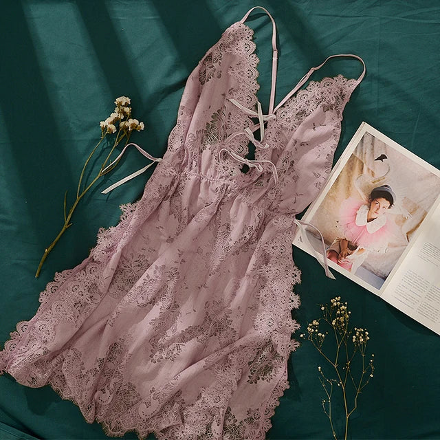 Cinza floral oco para fora renda camisola das mulheres sleepwear lingerie vestido cinta de espaguete vestido de dormir com tangas