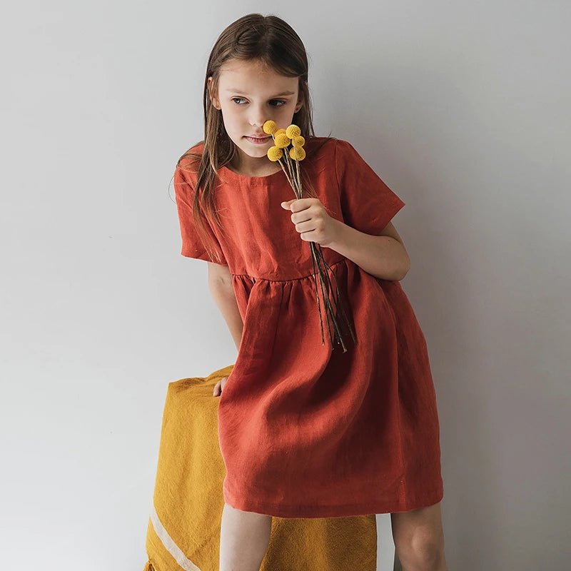 Vestido Mori de Linho para Meninas 2026 Verão Nova Roupa Infantil Vestidos de Princesa de Manga Curta em Algodão e Linho TZ30