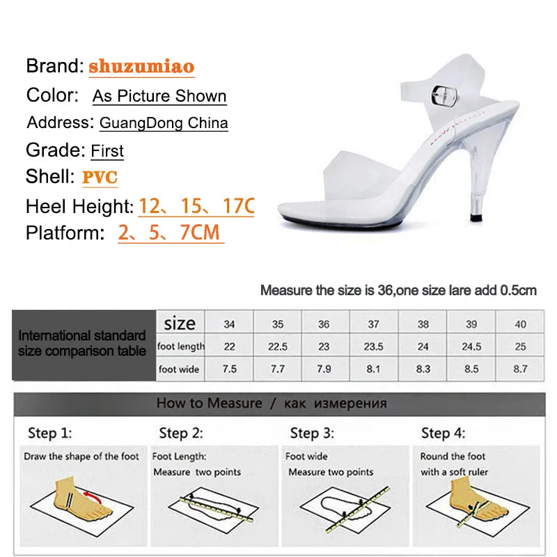Sandálias de dança de tubo de aço feminino qualidade salto ultra-alto 9-20cm transparente cristal senhora sapatos modelo passarela grande quintal