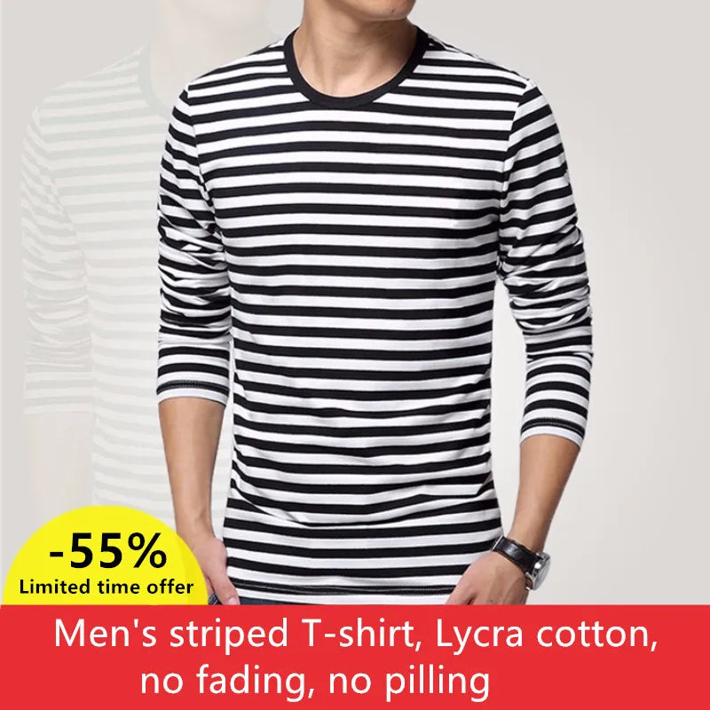 Estilo marinho camisa de manga longa masculina camiseta o pescoço listra t camisa masculina camisa marinha vintage básico 95% algodão camisa