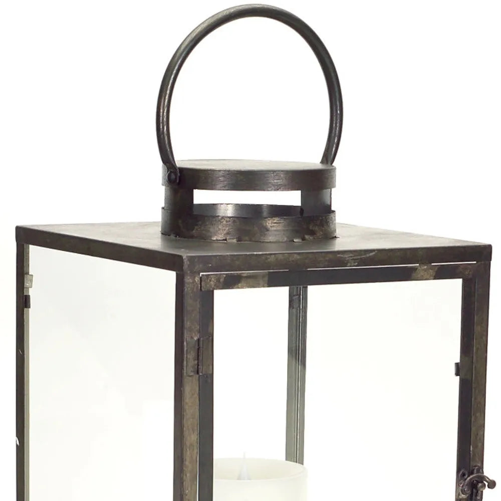 Set of Three Distressed Geometric HMS Floor Lanterns Gray and Brown Glass Metal Wood with Candle Holders