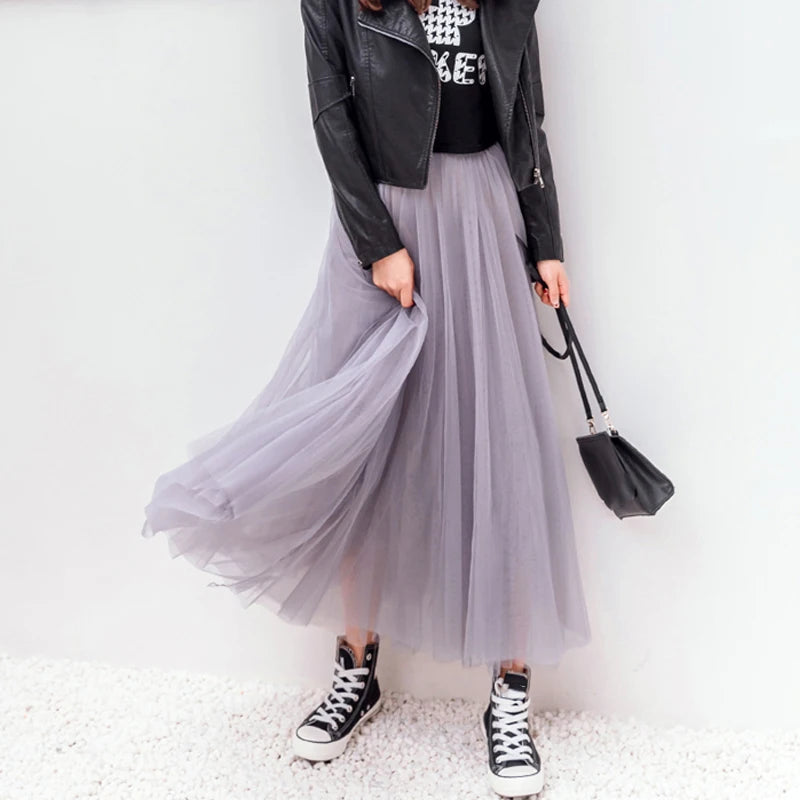 Maxi Longa Saia de Tule Mulheres 2024 Outono Inverno Elástico Cintura Alta Vestido de Bola Saia Feminino Adulto Tutu Saia Jupe Longue