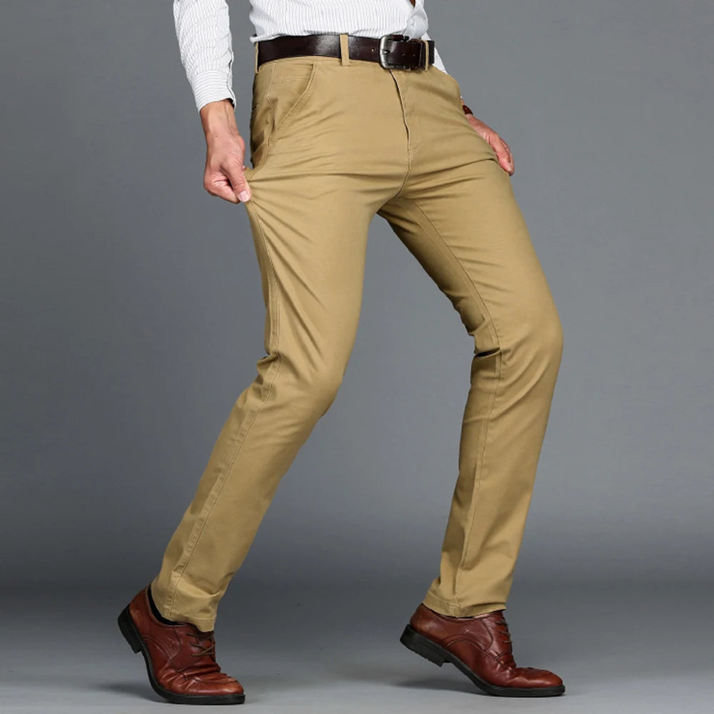 Calças masculinas de algodão casual estiramento calças masculinas homem longo em linha reta alta qualidade 4 cores plus size calça terno 42 44 46