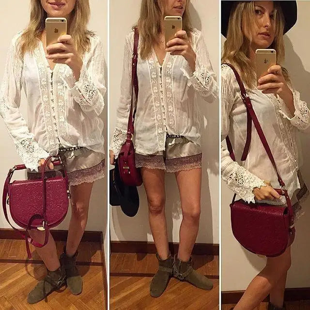 Blusa inspirada boho, camisa feminina de algodão branca, com renda floral bordada, estilo boho solto, gola v, manga comprida, camisetas sexy