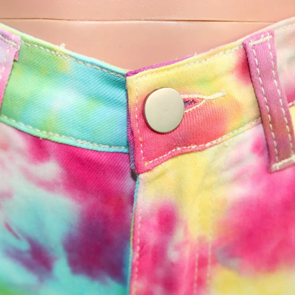 CM.YAYA-Jeans rasgado feminino com estampa Tie Dye cintura média, calça jeans curta de verão, calça da moda