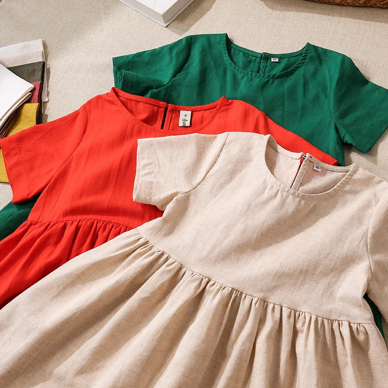 Vestido Mori de Linho para Meninas 2026 Verão Nova Roupa Infantil Vestidos de Princesa de Manga Curta em Algodão e Linho TZ30
