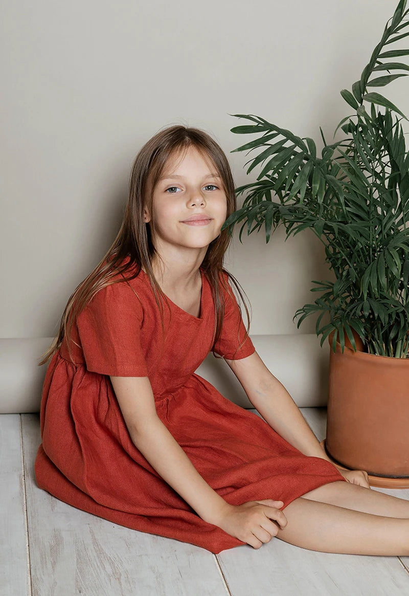 Vestido Mori de Linho para Meninas 2026 Verão Nova Roupa Infantil Vestidos de Princesa de Manga Curta em Algodão e Linho TZ30