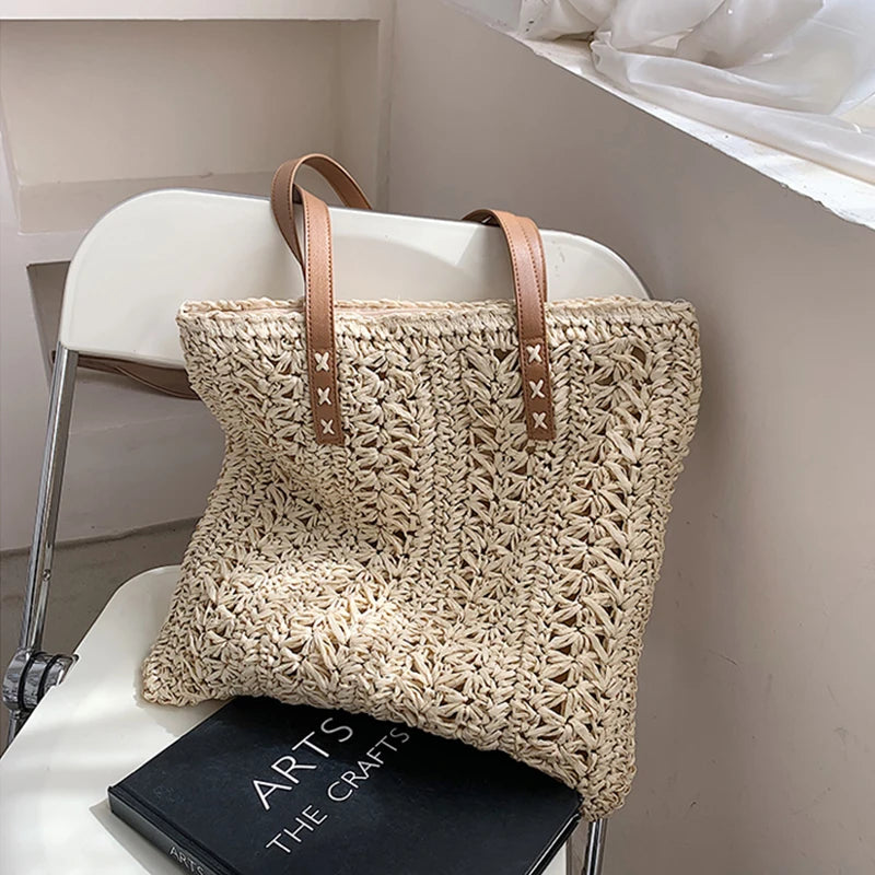 Bolsa de praia de palha oca quadrada artesanal tecido bolsa de ombro ráfia rattan compras saco de viagem boêmio férias de verão casual tote